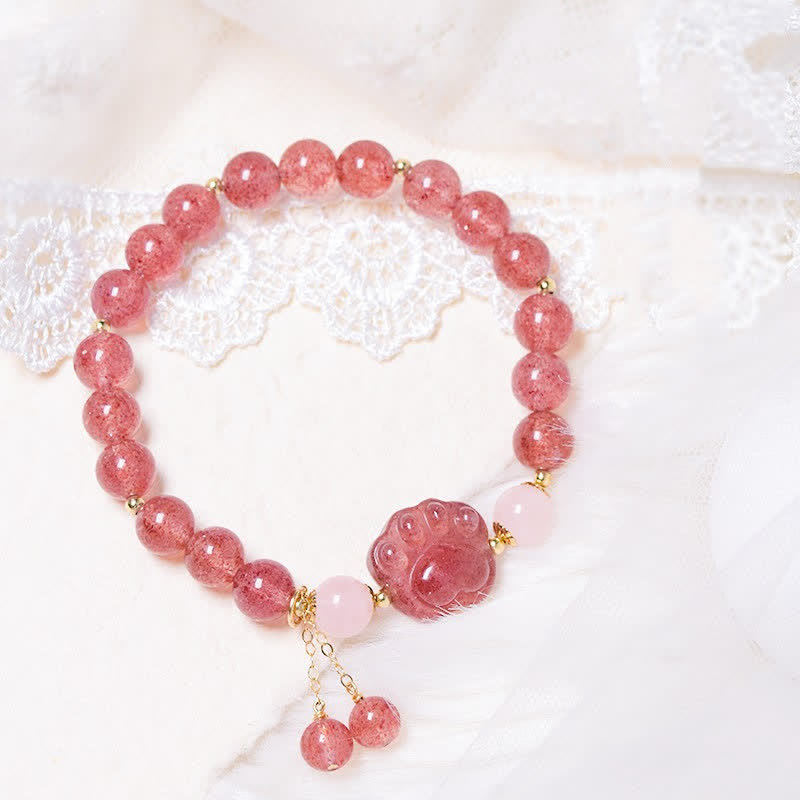 Buddha Stones天然ストロベリークォーツ ピンククリスタル ラッキーキャットポー ラブブレスレット - ストロベリークォーツ - image 1