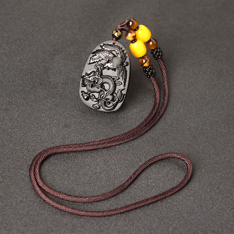 Buddha Stonesブラックオブシディアン タイガーアイ ドラゴン フェニックス 守護ビーズネックレスペンダント - オブシディアン＆タイガーアイビーズストリング - image 8