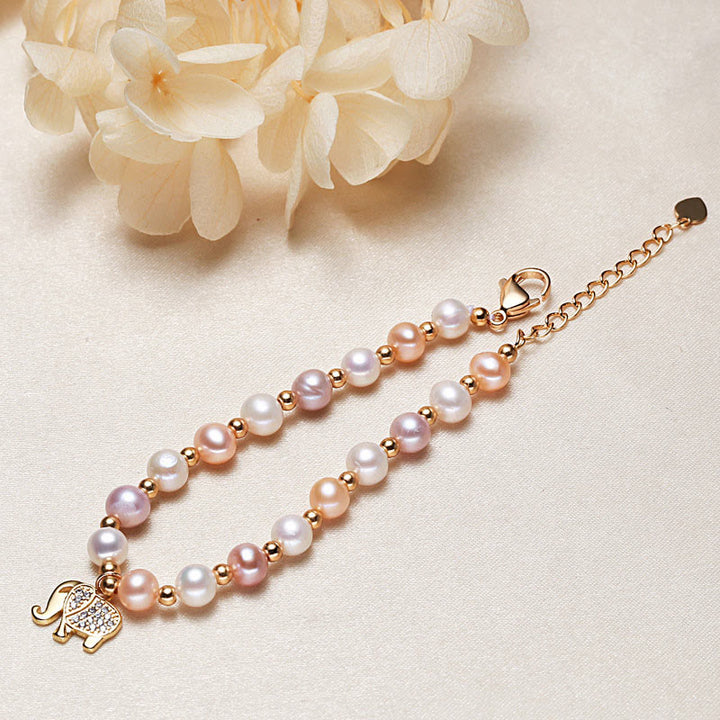 Buddha Stones18Kゴールドメッキ パールエレファントジルコンチャーム シンセリティブレスレット