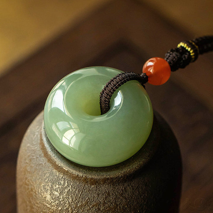 Buddha Stones天然丸翡翠グレー翡翠平和バックル幸運ネックレスペンダント