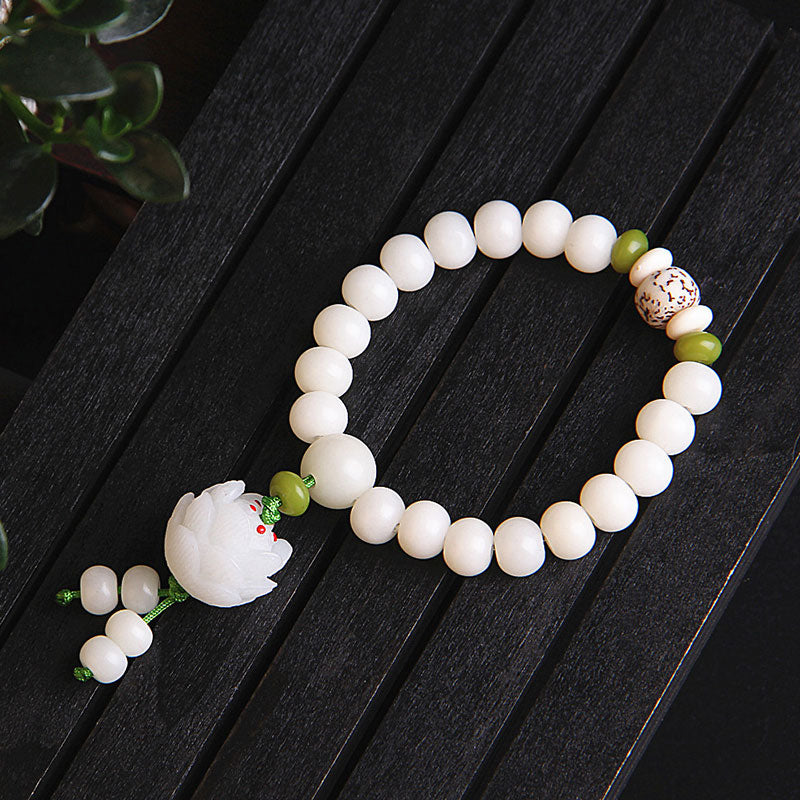 Buddha Stones蓮 天然ホワイト菩提樹幸運ブレスレット