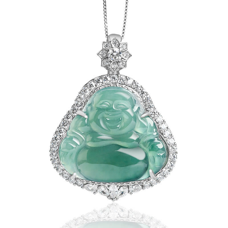Buddha Stones925スターリングシルバー 笑う仏陀 天然翡翠 幸運の豊かさ チェーンネックレスペンダント - 笑い仏（幸せ♥富） - image 1