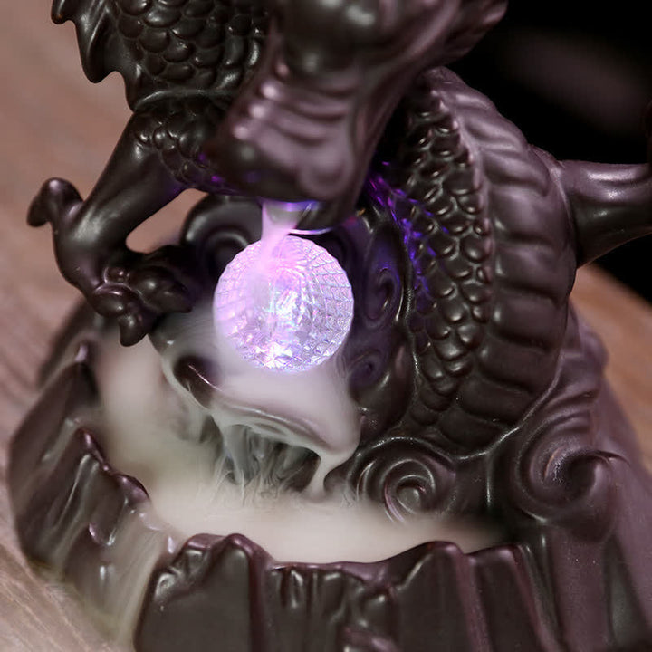 Buddha Stones縁起の良い龍 セラミック 逆流煙噴水 瞑想 癒し 香炉 LED ボール 装飾