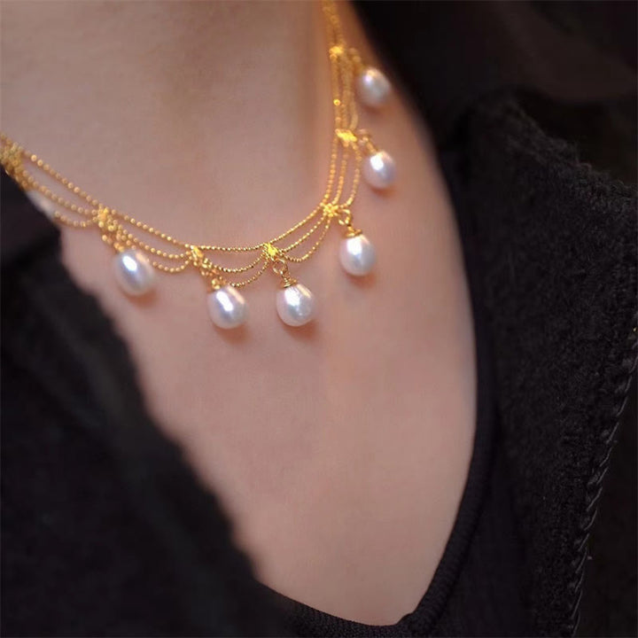 ヴィンテージ 14K ゴールドメッキ パールビーズ ヒーリング マルチレイヤー ネックレス ペンダント