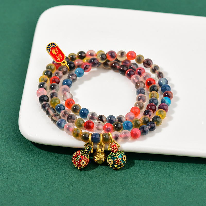 Buddha Stonesカラフル キャンディアゲート ゴールド 呑み込み獣ファミリー 強さチャーム トリプルラップブレスレット