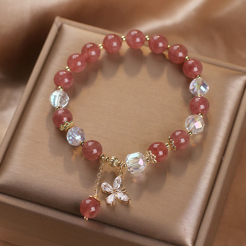 Buddha Stones天然ストロベリークォーツ ラブヒーリング バタフライチャームブレスレット