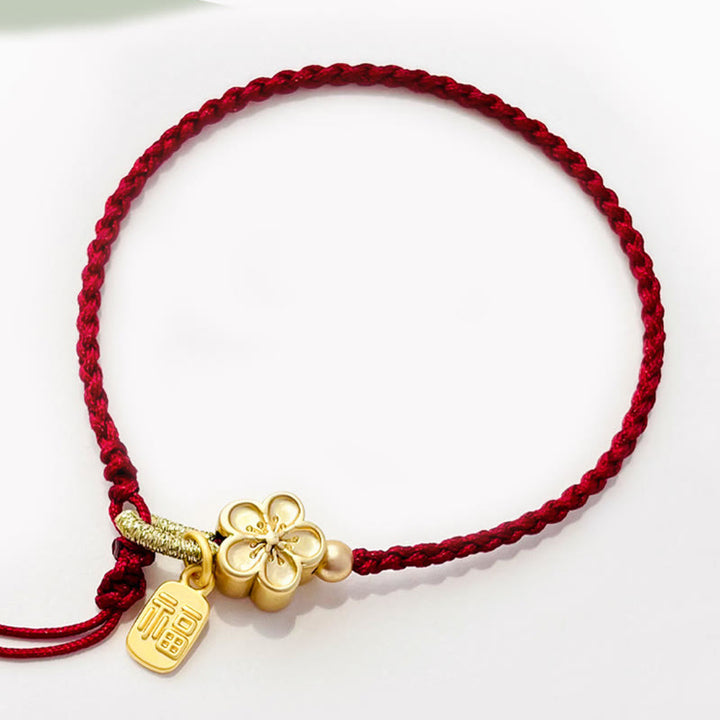 Buddha Stones手作り 桃の花 ロゼット 蝶結び 福 キャラクター チャーム 幸運 赤いロープ ブレスレット
