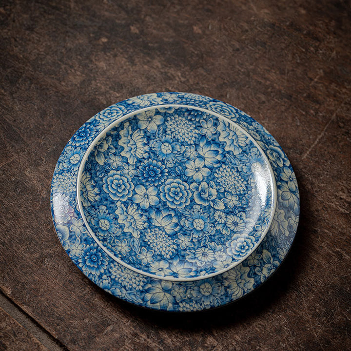 Buddha Stonesヴィンテージ青と白の磁器桃の花蓮牡丹セラミック蓋碗三彩ティーカップカンフーティーカップとソーサー蓋付き