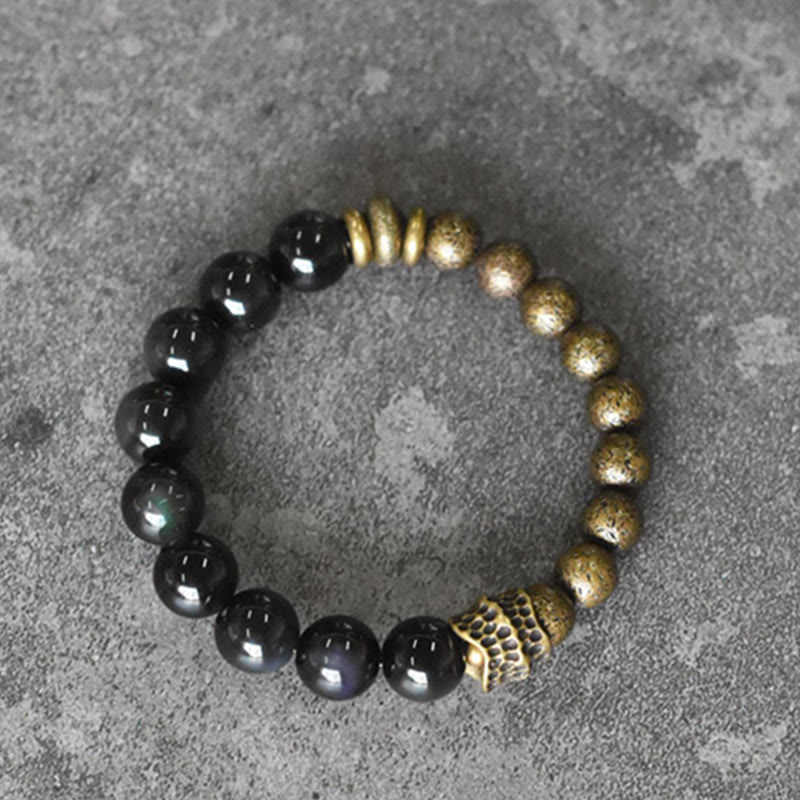 Buddha Stonesレインボーオブシディアン 銅ビーズ ポジティブトランスフォーメーションブレスレット