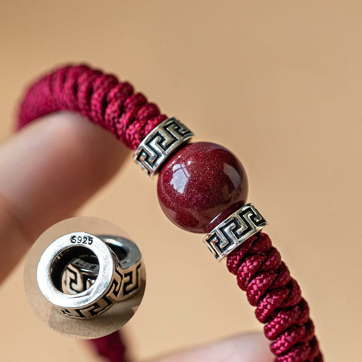 Buddha Stones 925スターリングシルバー 天然辰砂ビーズ 落ち着いたハンドメイド編み紐ブレスレット