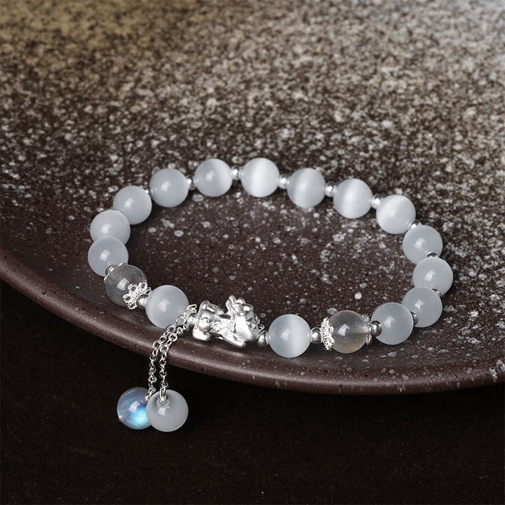 Buddha Stones天然キャッツアイ ムーンストーン ストロベリークォーツ 貔貅サポートブレスレット