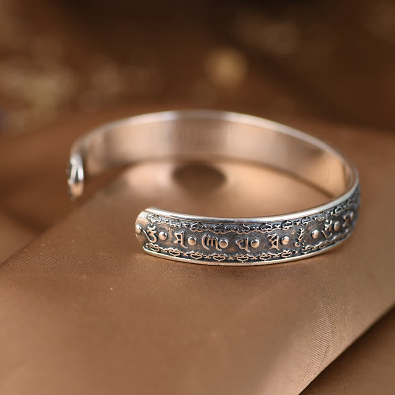 Buddha Stones925スターリングシルバーオーム・マニ・パドメ・フムダブルドルジェ 刻印入り ウィズダムカフブレスレット バングル