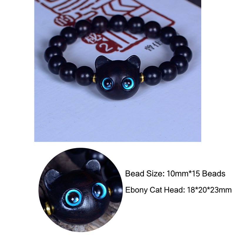 Buddha Stones、黒檀、琉璃ガラス、愛らしい猫の平和バランスブレスレット - image 12