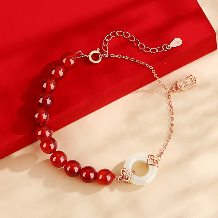 Buddha Stones 925スターリングシルバー 天然レッドアゲート ホワイトジェイド ピースバックル コンフィデンスブレスレット