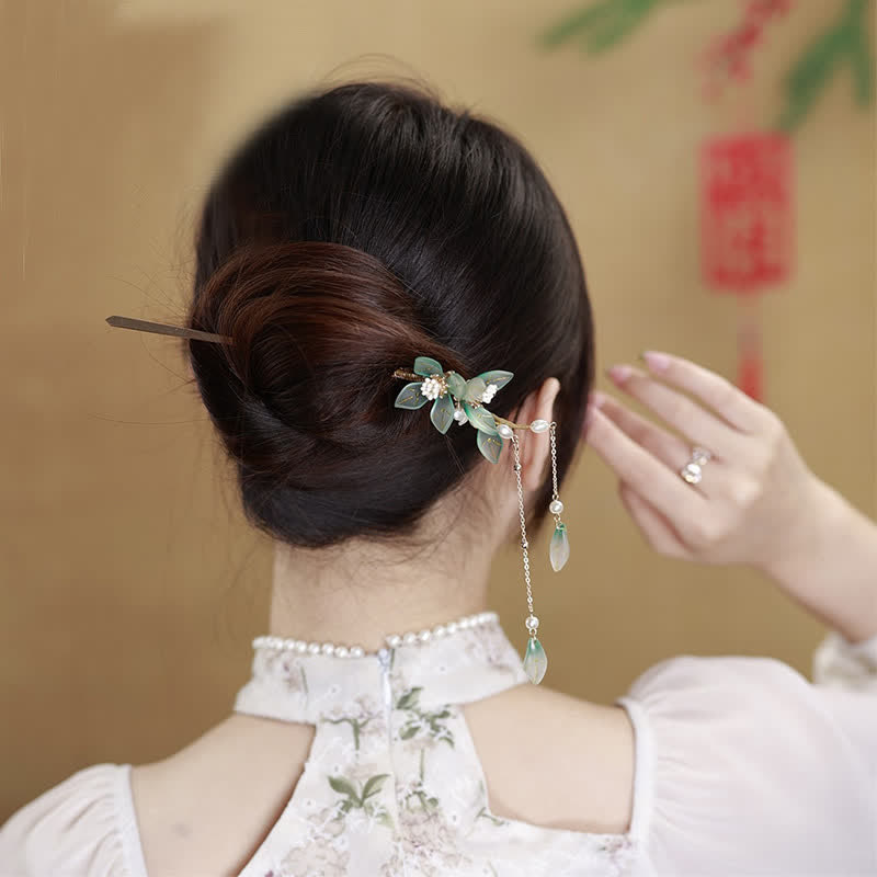 フラワーリーフパールピースタッセルヘアピン
