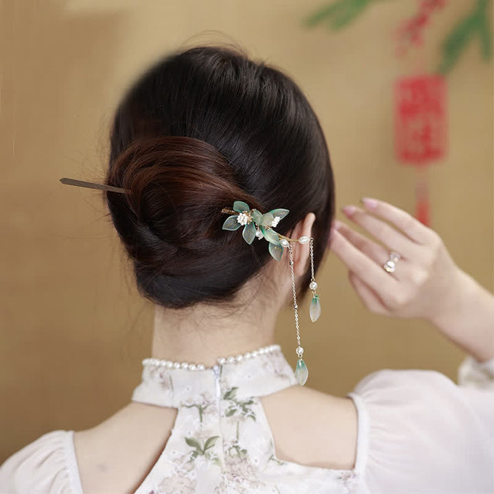 フラワーリーフパールピースタッセルヘアピン