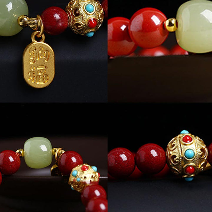 Buddha Stones辰砂 グリーンアベンチュリン 幸運 守護 チャームブレスレット