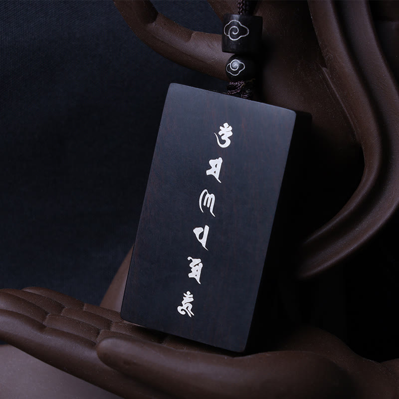 Buddha Stones999 スターリングシルバー小葉紫檀黒檀オーム・マニ・パドメ・フム象嵌 守護ネックレスペンダント - 黒檀3*5*1cm - image 10