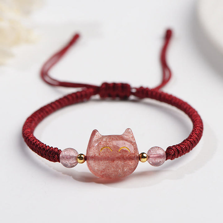 Buddha Stonesハンドメイド 天然銀光沢黒曜石 ストロベリークォーツ かわいい猫のお守り編み込みブレスレット - ストロベリークォーツ（愛♥癒し） - 笑顔の猫 - image 8
