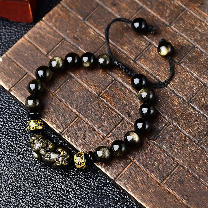 Buddha Stonesナチュラルゴールド光沢黒曜石貔貅オーム・マニ・パドメ・フム富編組ブレスレット