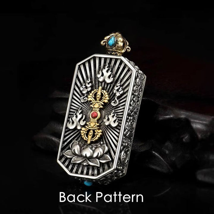 Buddha Stones チベット彫刻 回転式ドルジェ（ヴァジュラ） Om Mani Padme Hum入り 蓮模様 清浄ペンダント ネックレス