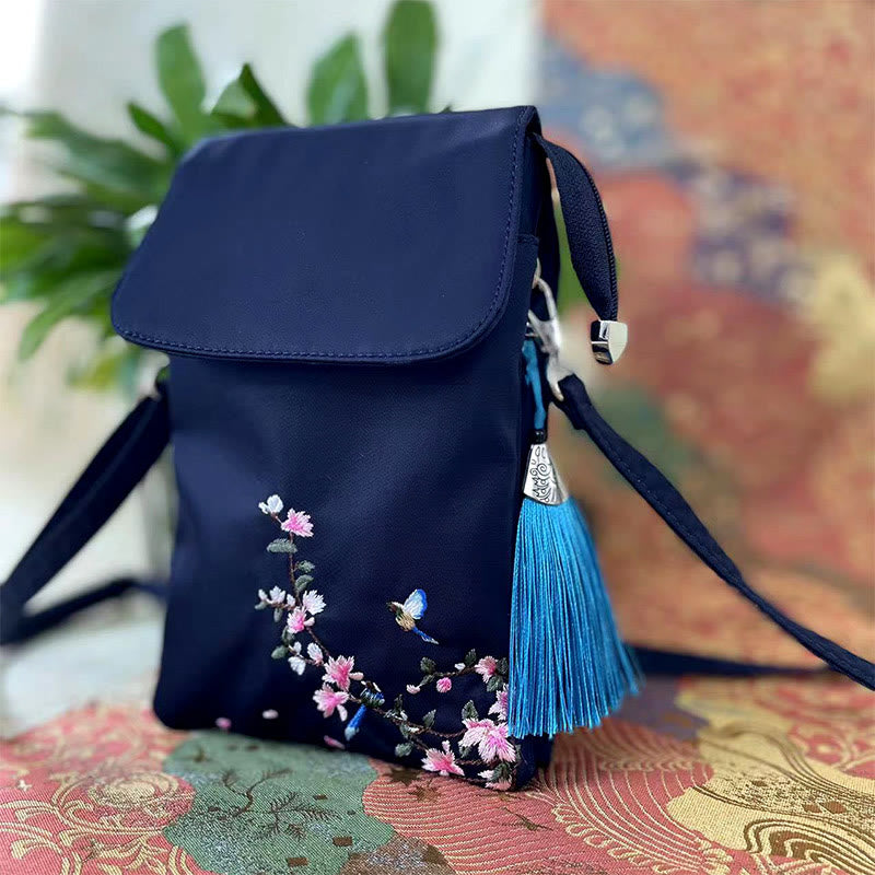 Buddha Stones防水ハンドメイド刺繍蓮の花クロスボディバッグショルダーバッグ携帯電話バッグ
