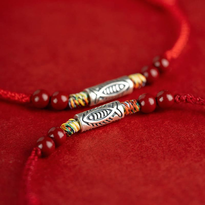 Buddha Stones 925スターリングシルバー 鯉 辰砂 ビーズ 富 手作り 編み込み ブレスレット アンクレット