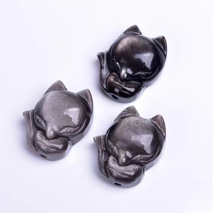 Buddha Stones天然銀光沢黒曜石キツネ守護ブレスレット