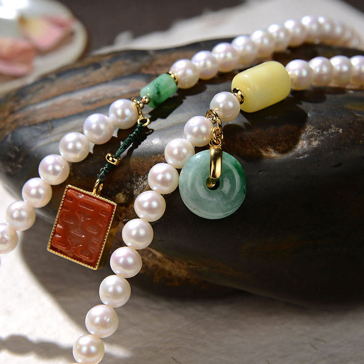 Buddha Stones 925スターリングシルバーパール和田翡翠レッドアゲートダブルハピネスアンバーラッキー4重ラップブレスレット