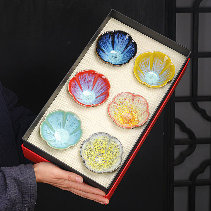 Buddha Stones6個 梅の花びら模様 中国 Jianzhan 窯変 陶器 ティーカップ カンフー ティーカップ ボウル ギフトボックス付き