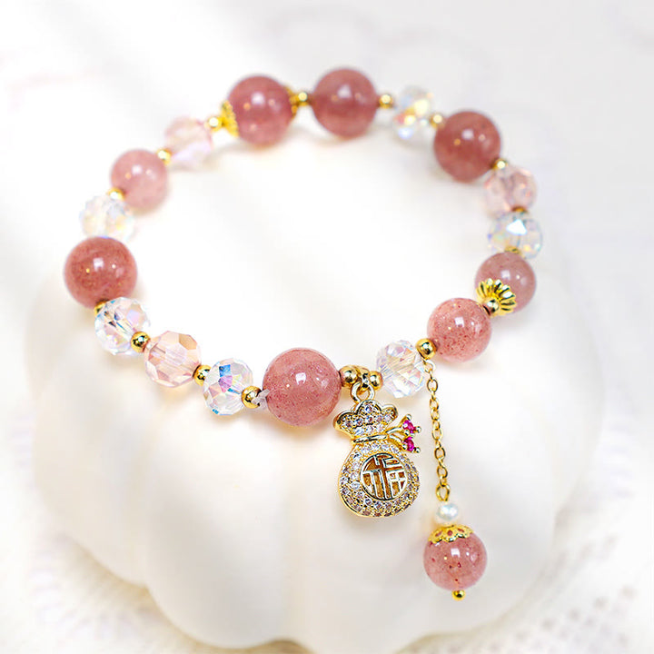 Buddha Stones 天然ストロベリークォーツ マネーバッグチャーム付き ポジティブブレスレット