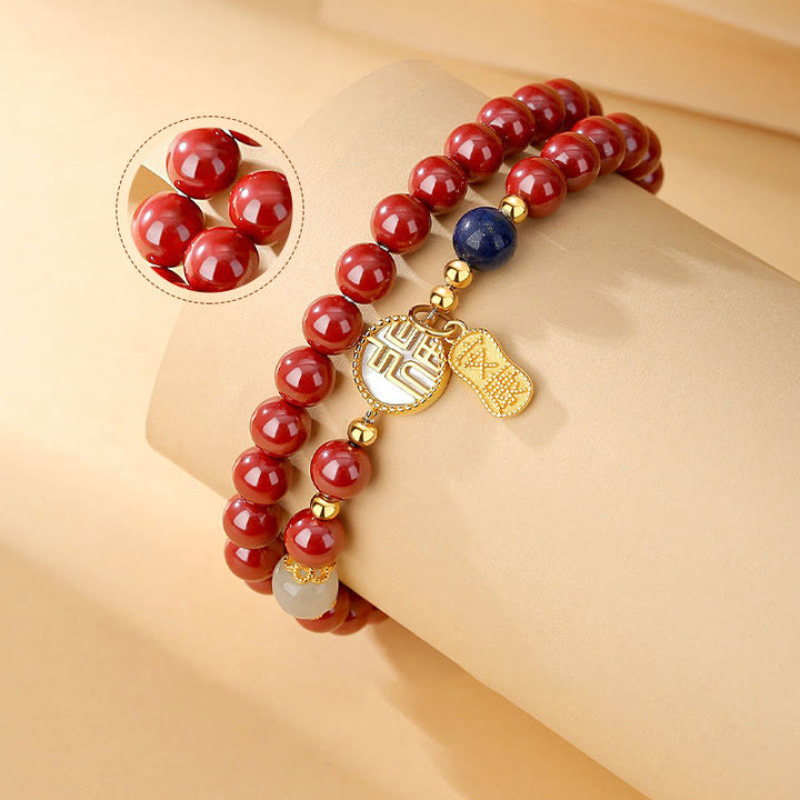 Buddha Stones 925スターリングシルバー 辰砂 シャコガイ フーキャラクター ダブルラップ 祝福ブレスレット
