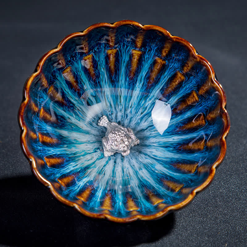 Buddha Stones蓮 金魚 縁起の良い龍 鳳凰 陶器 ティーカップ 象嵌 ティーカップ 130ml