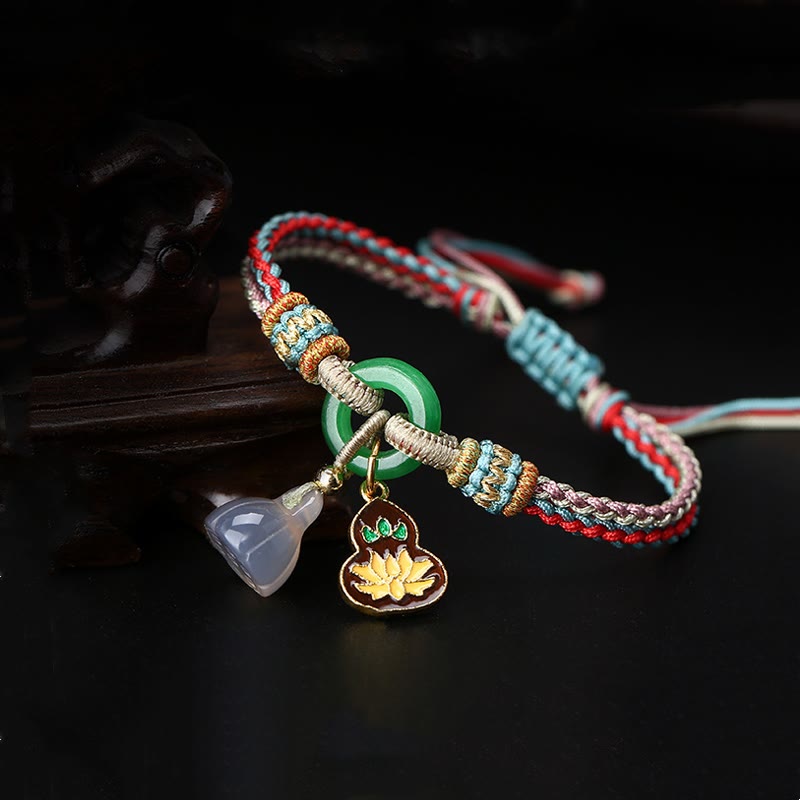 Buddha Stonesカラフルロープ カルセドニー 蓮 翡翠平和のお守りチャームハーモニー ひょうたん チャームブレスレット