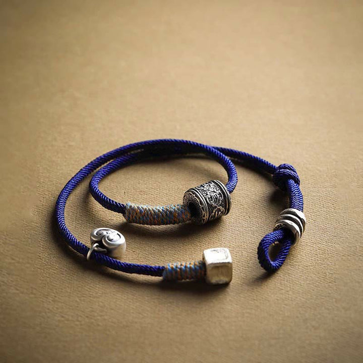 Buddha Stones手作り チベットオーム・マニ・パドメ・フム彫刻 縁起物 お守り ダブルラップ ロープブレスレット
