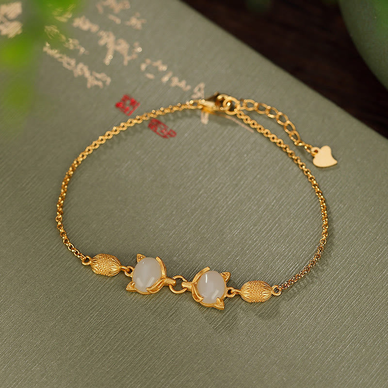 Buddha Stones925 スターリングシルバー 天然和田白翡翠 シアン翡翠 愛らしいキツネの幸運のブレスレット