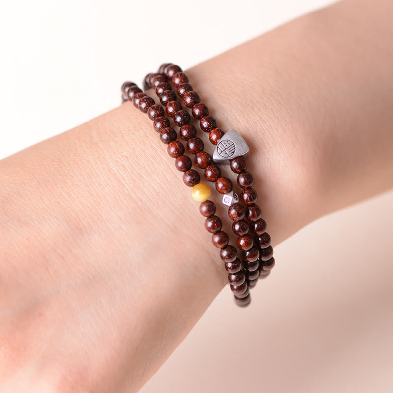 Buddha Stones925スターリングシルバー インド産小葉レッドサンダルウッド フーキャラクタープロテクショントリプルラップブレスレット