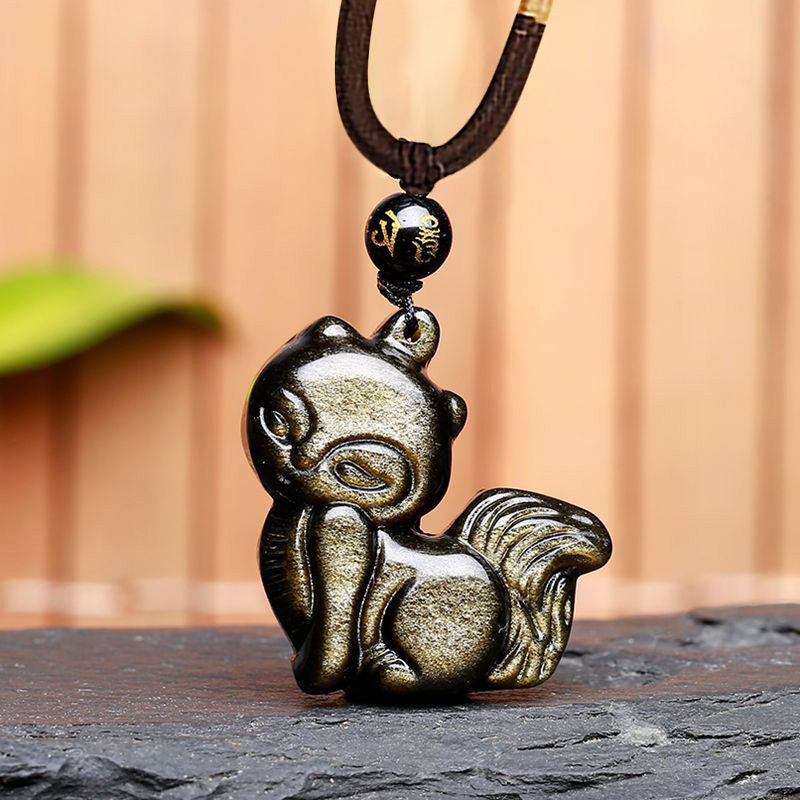 Buddha Stones天然レインボーオブシディアン ゴールドシーンオブシディアン 九尾狐 ポジティブネックレスペンダント