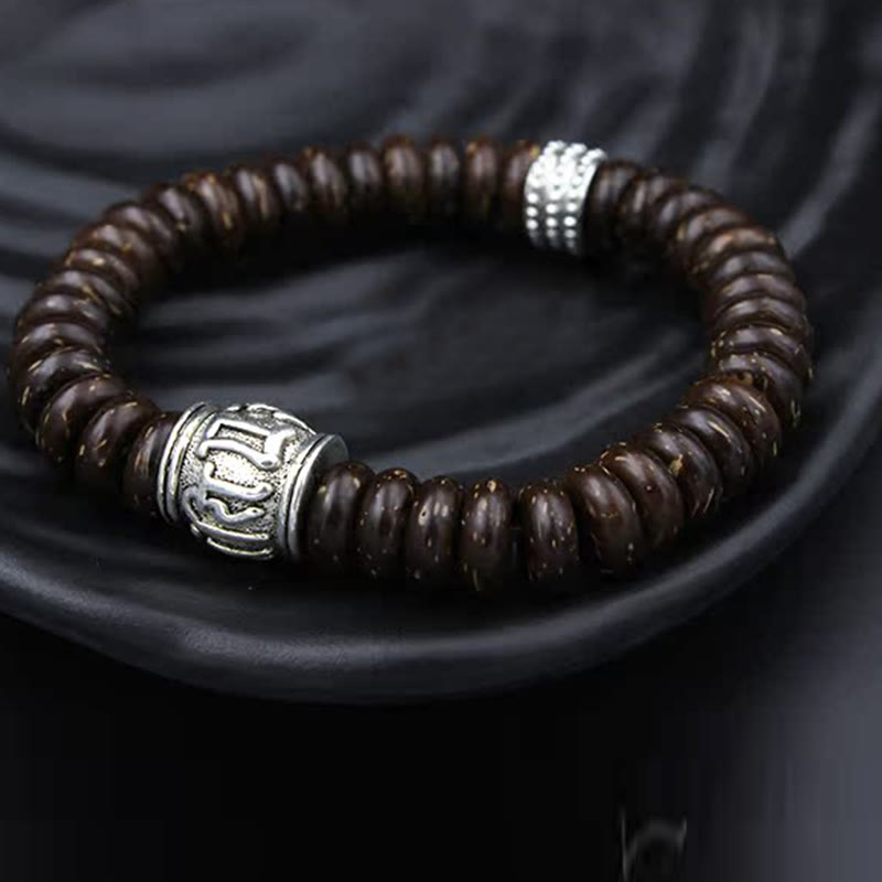 Buddha Stones天然チベットココナッツシェルオーム・マニ・パドメ・フム幸運を呼ぶブレスレット