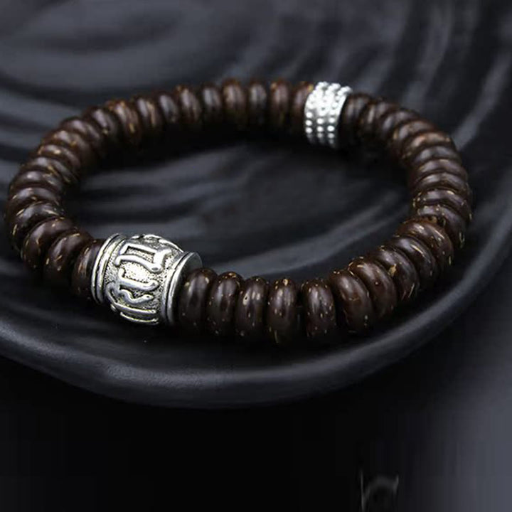 Buddha Stones天然チベットココナッツシェルオーム・マニ・パドメ・フム幸運を呼ぶブレスレット