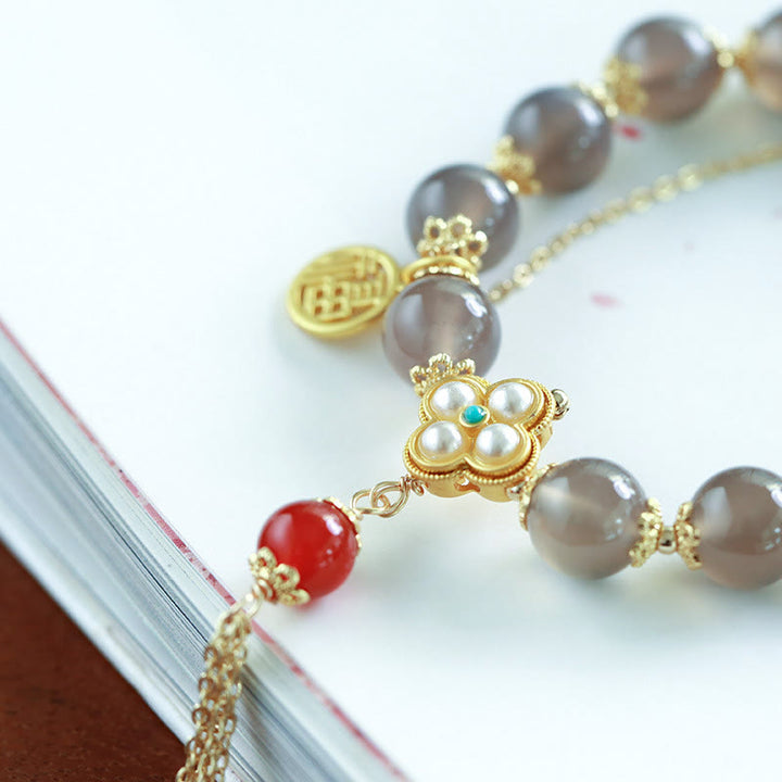 Buddha Stones天然グレー瑪瑙フーキャラクターパールタッセルバランスブレスレット