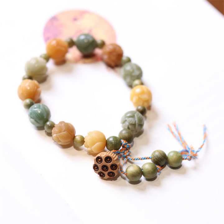 Buddha Stones菩提樹の実 蓮 緑白檀 知恵の調和ブレスレット