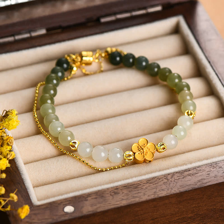 Buddha Stones 925スターリングシルバー 天然和田翡翠 桃の花 幸運のチェーンブレスレット