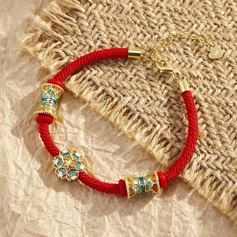 Buddha Stones敦煌 925 スターリングシルバー 蓮鼓 新たな始まり 赤いロープブレスレット