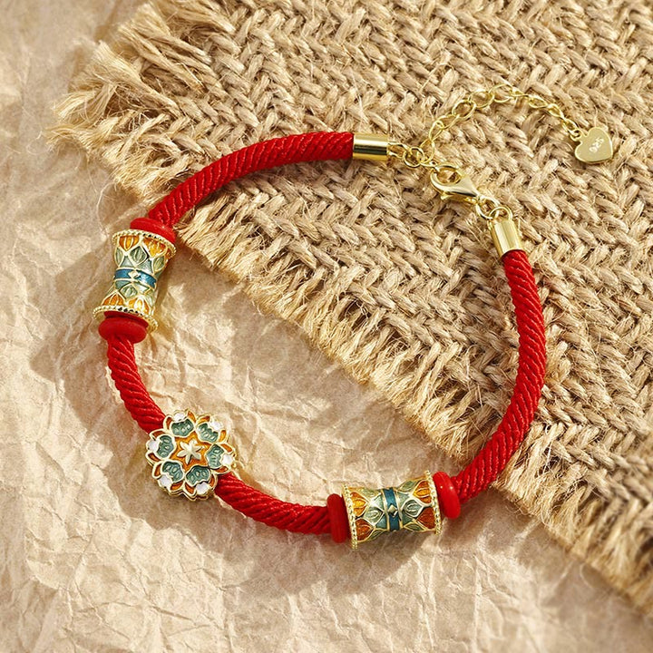 Buddha Stones敦煌 925 スターリングシルバー 蓮鼓 新たな始まり 赤いロープブレスレット