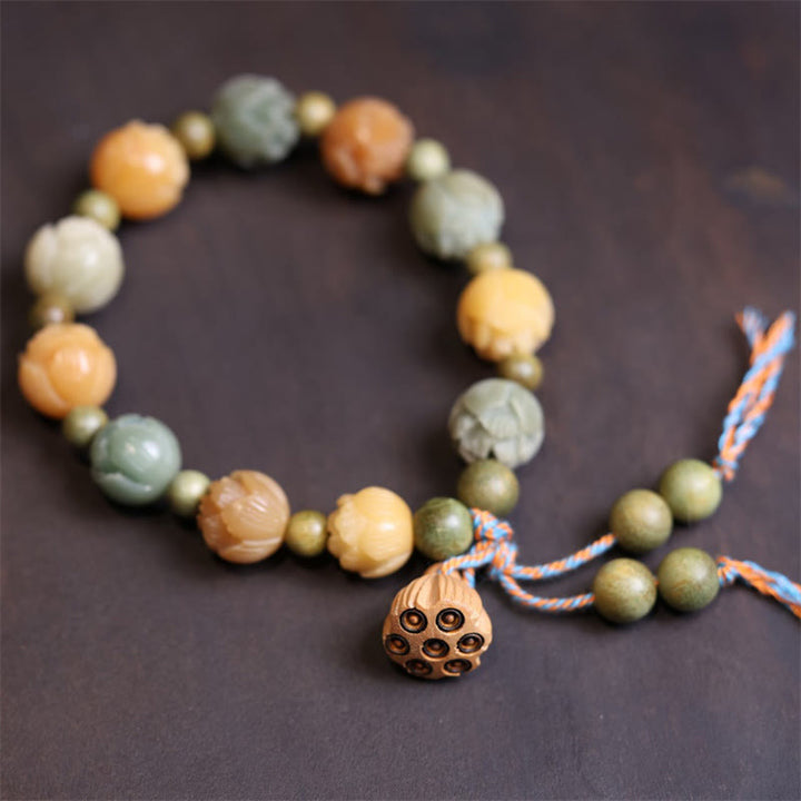 Buddha Stones菩提樹の実 蓮 緑白檀 知恵の調和ブレスレット