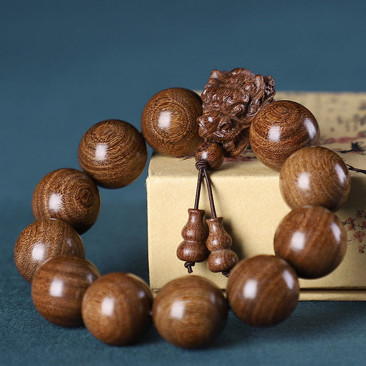 Buddha Stones、ローズウッド、グリーンサンダルウッド、小葉紫檀、龍彫刻の守護ブレスレット