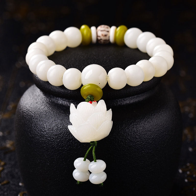 Buddha Stones蓮 天然ホワイト菩提樹幸運ブレスレット