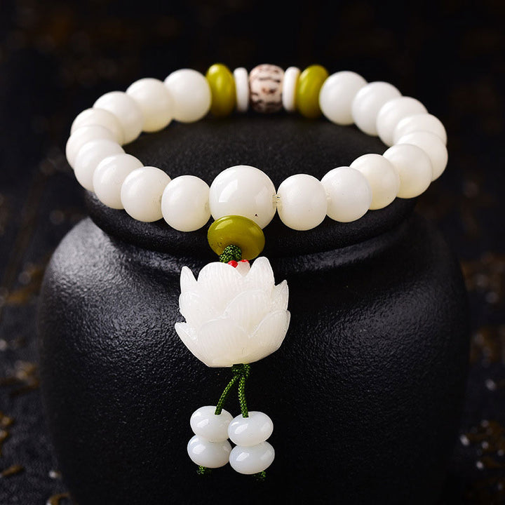 Buddha Stones蓮 天然ホワイト菩提樹幸運ブレスレット