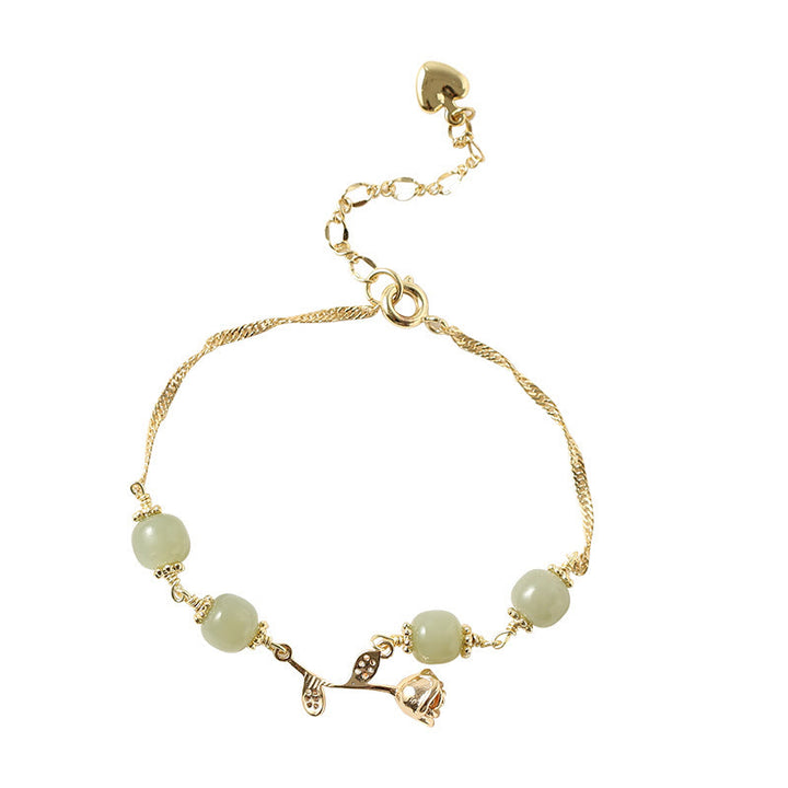 Buddha Stones14K ゴールドメッキ 和田翡翠 ゴールデンローズフラワー 幸運のチェーンブレスレット